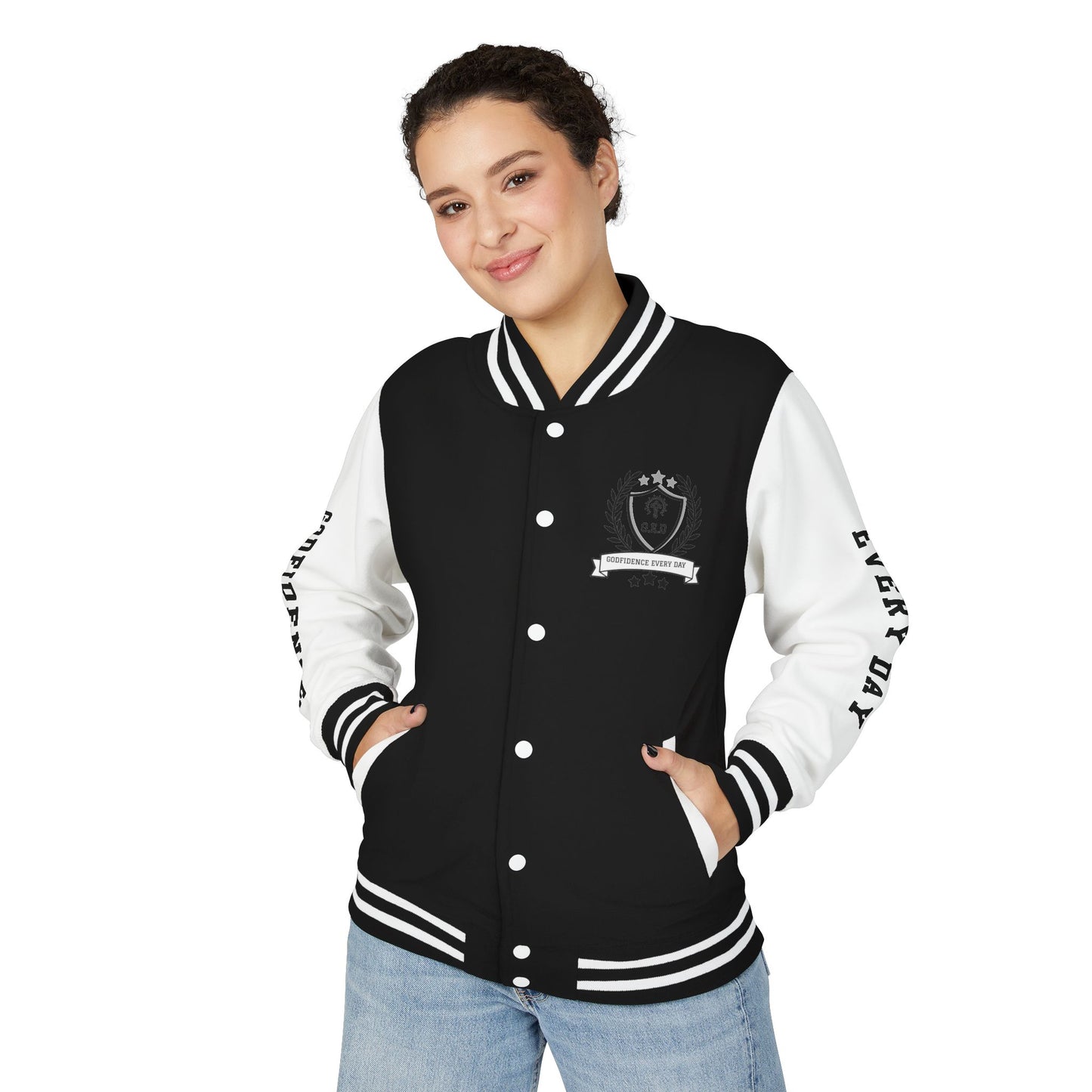 White Letter Locked In & Loaded Godfidence Every Day Letterman Jacket - Godfidence Every Day G.E.D. Brand