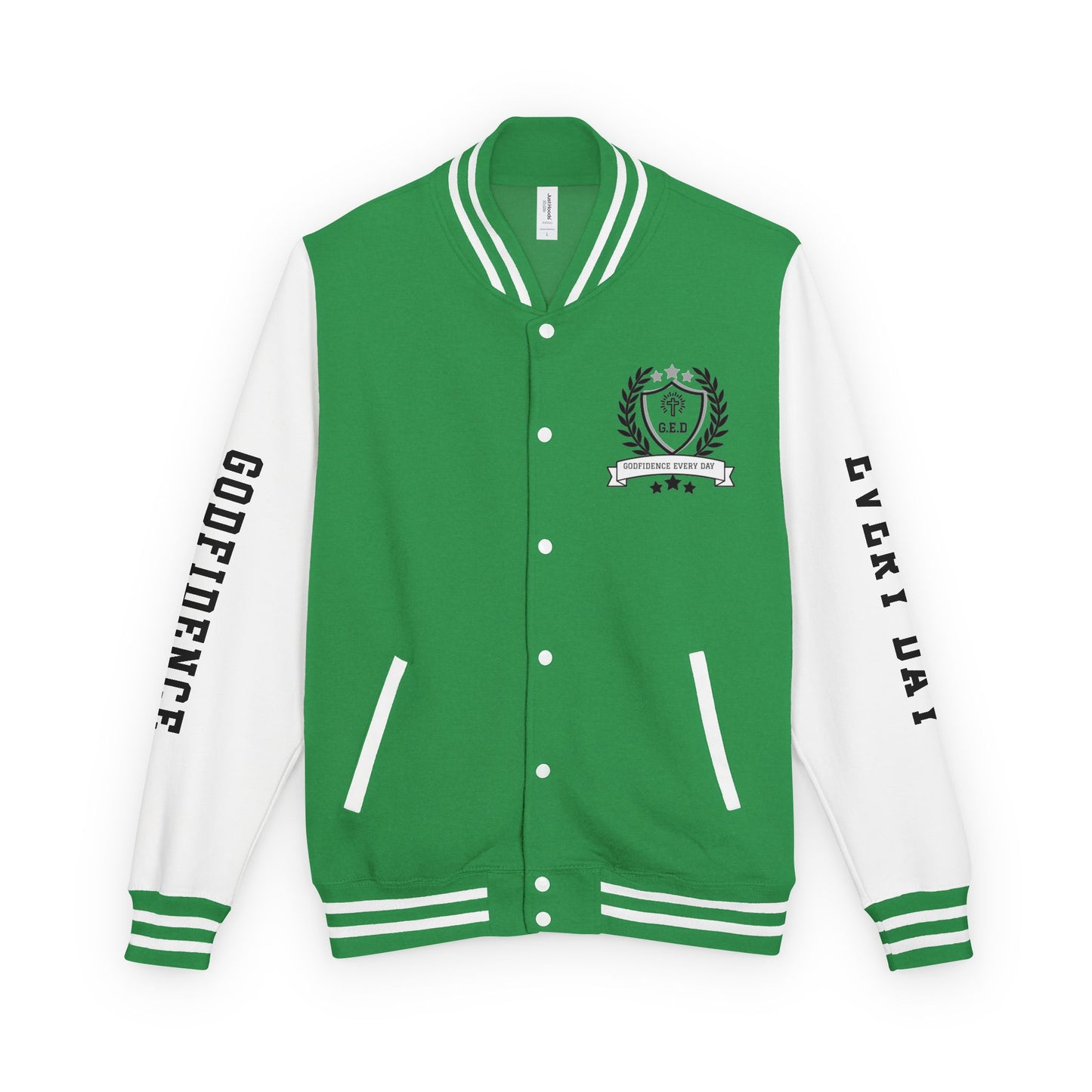 White Letter Locked In & Loaded Godfidence Every Day Letterman Jacket - Godfidence Every Day G.E.D. Brand