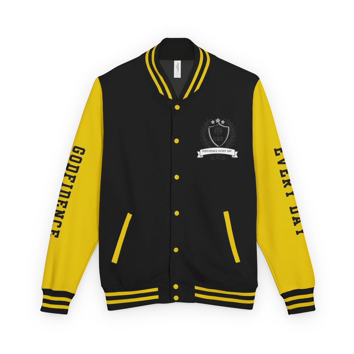 White Letter Locked In & Loaded Godfidence Every Day Letterman Jacket - Godfidence Every Day G.E.D. Brand