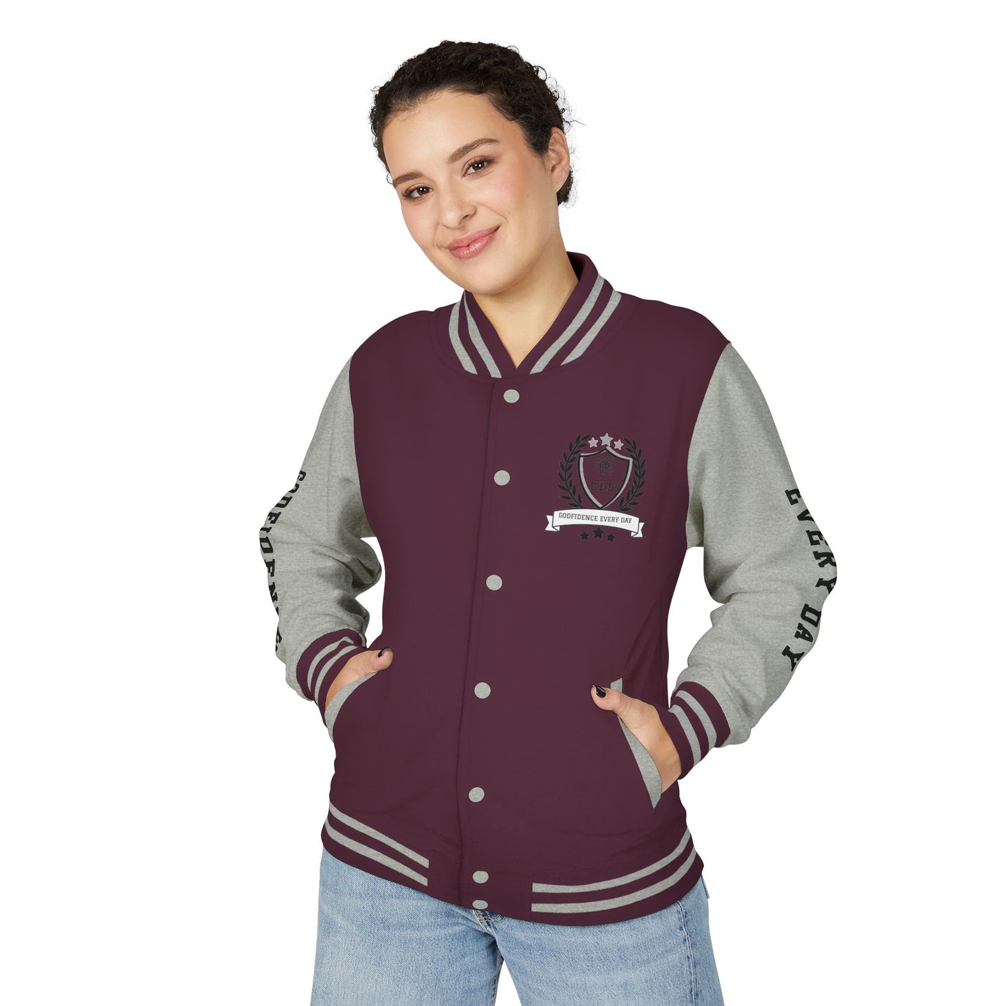 White Letter Locked In & Loaded Godfidence Every Day Letterman Jacket - Godfidence Every Day G.E.D. Brand