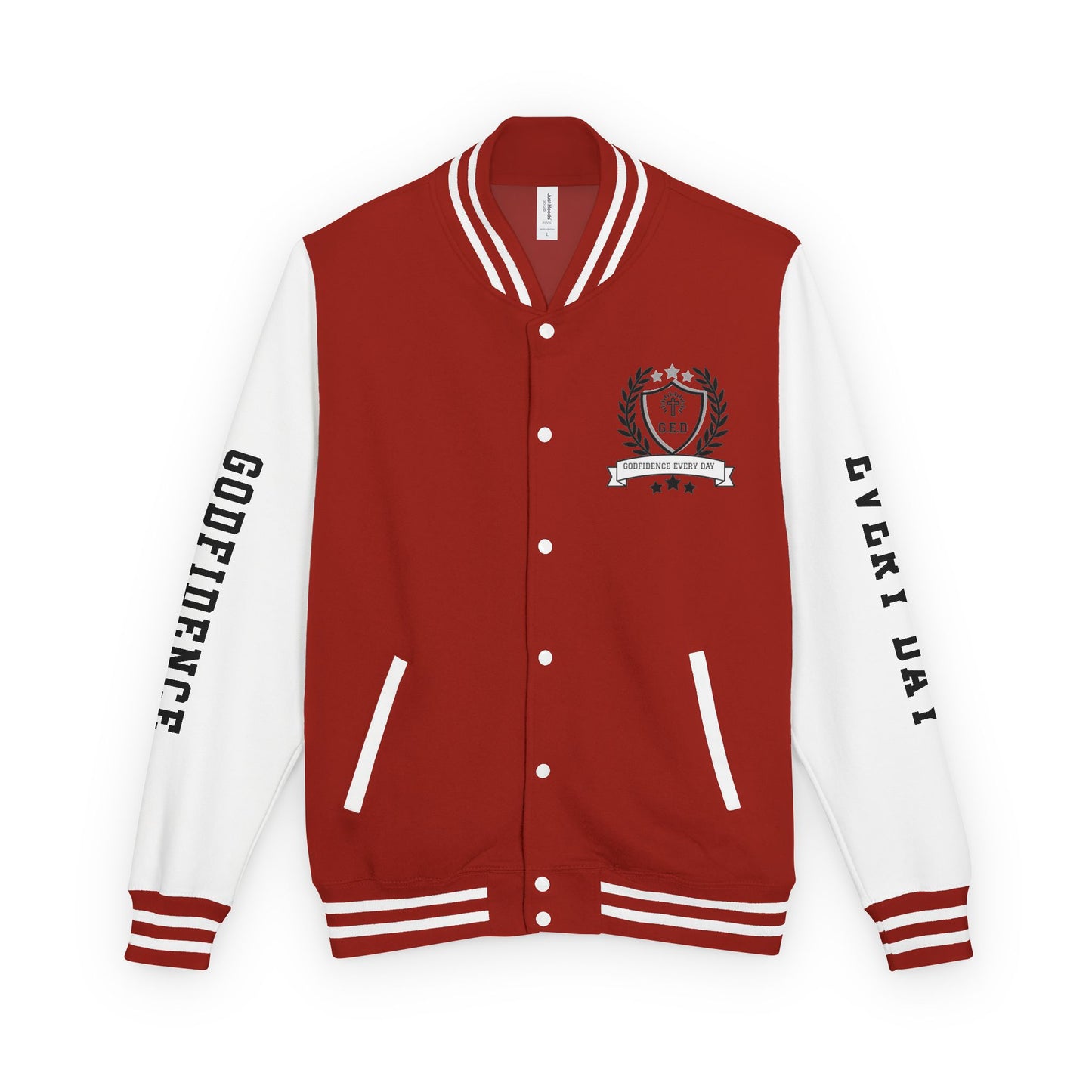 White Letter Locked In & Loaded Godfidence Every Day Letterman Jacket - Godfidence Every Day G.E.D. Brand
