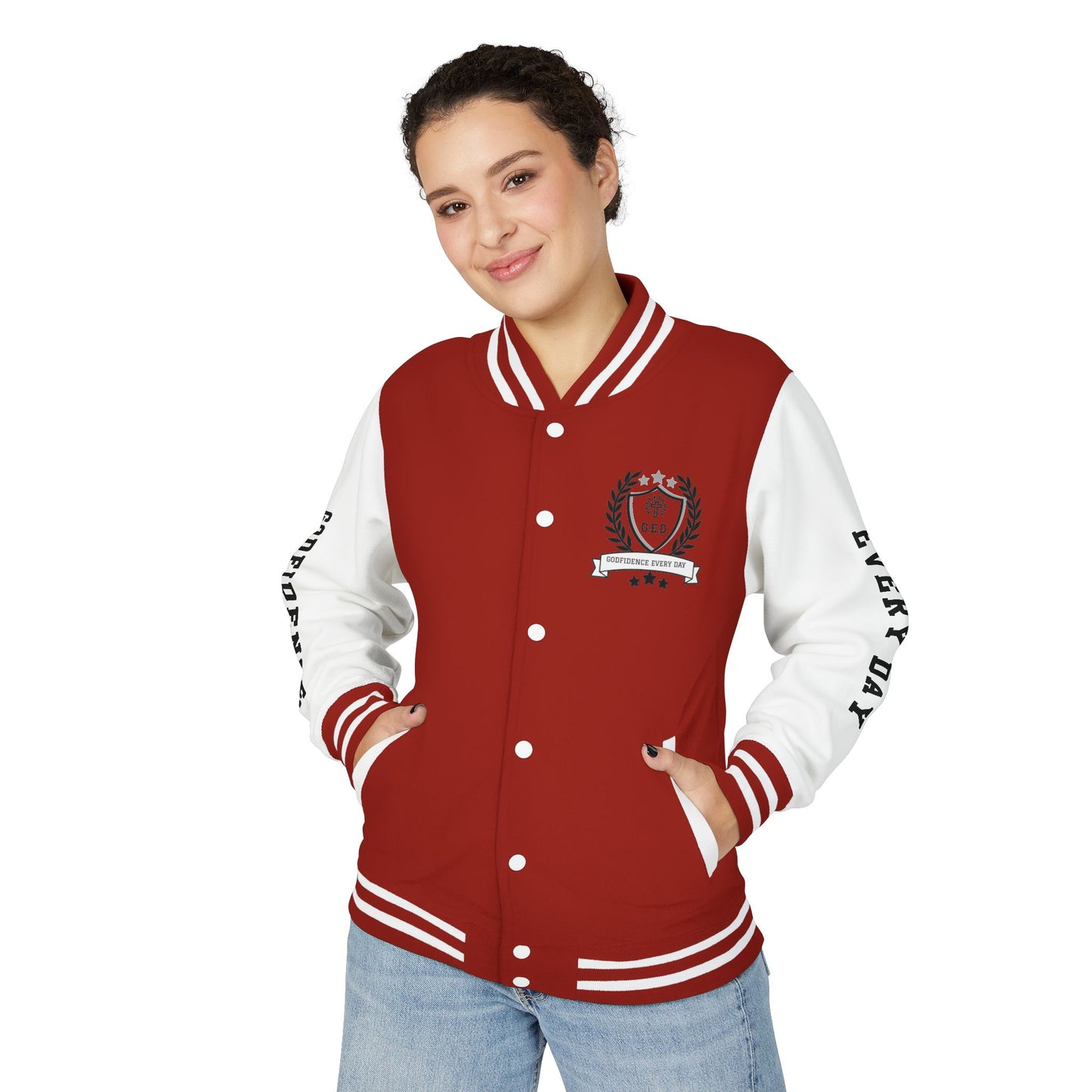 White Letter Locked In & Loaded Godfidence Every Day Letterman Jacket - Godfidence Every Day G.E.D. Brand