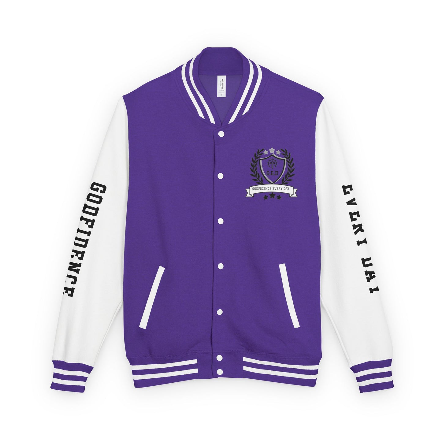White Letter Locked In & Loaded Godfidence Every Day Letterman Jacket - Godfidence Every Day G.E.D. Brand