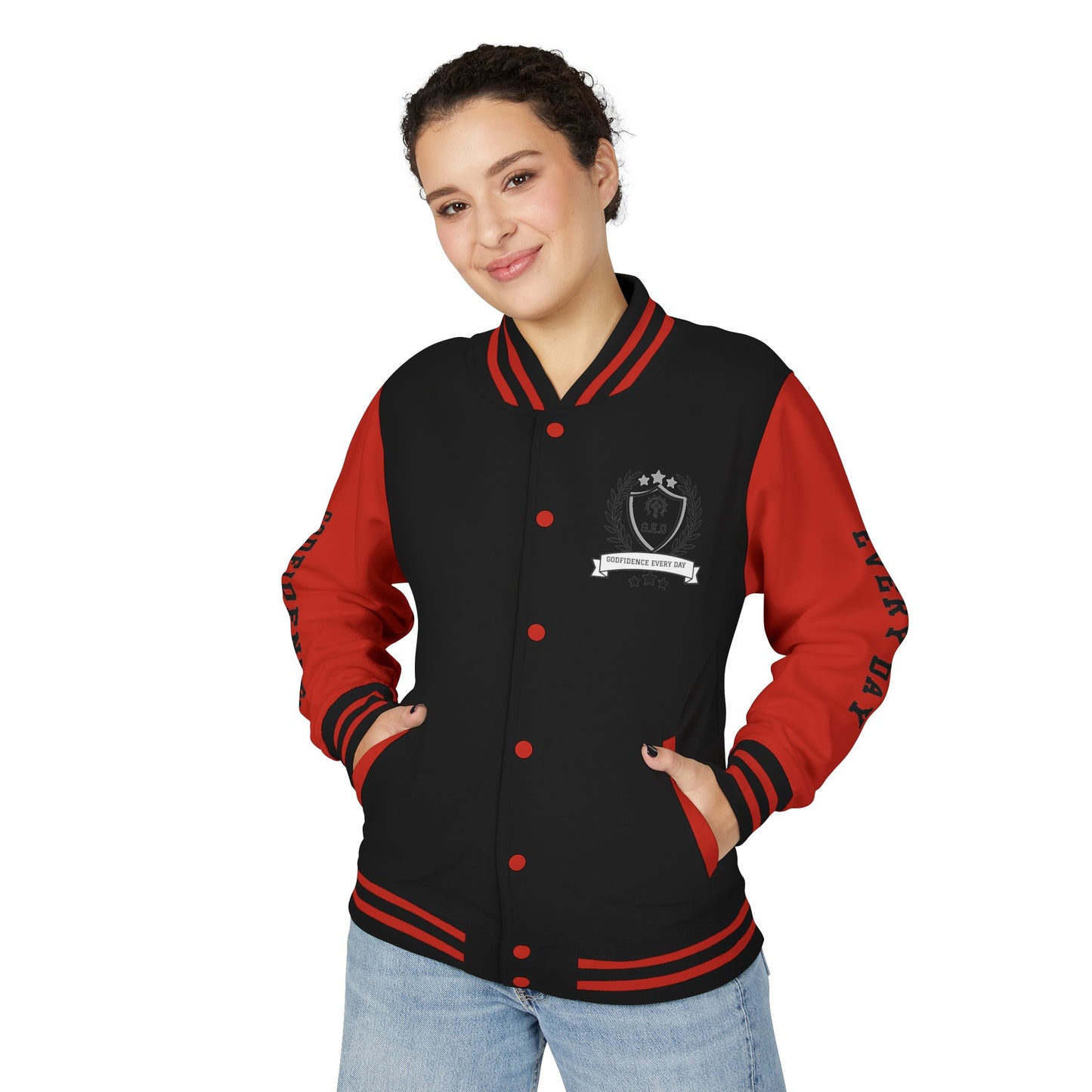 White Letter Locked In & Loaded Godfidence Every Day Letterman Jacket - Godfidence Every Day G.E.D. Brand
