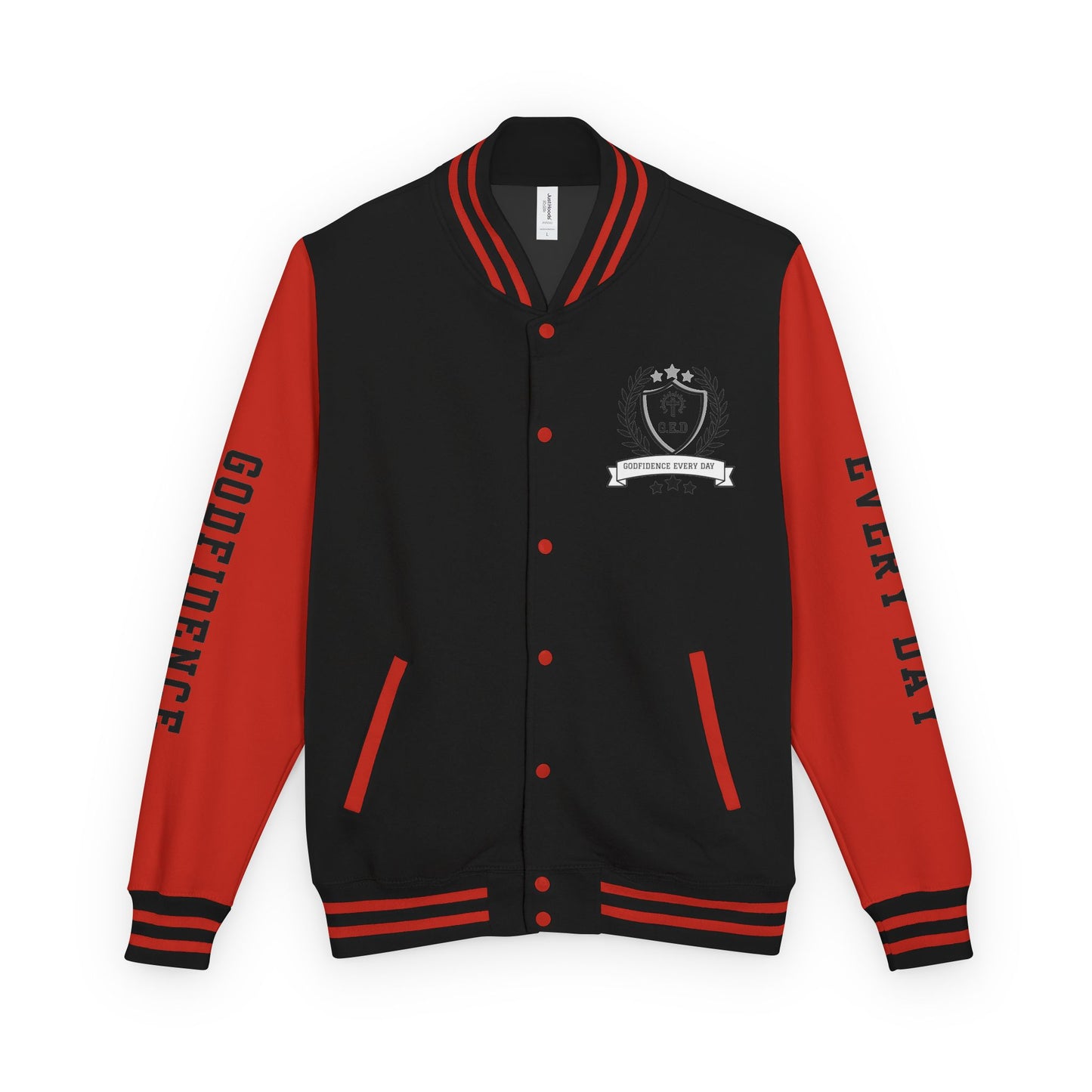 White Letter Locked In & Loaded Godfidence Every Day Letterman Jacket - Godfidence Every Day G.E.D. Brand