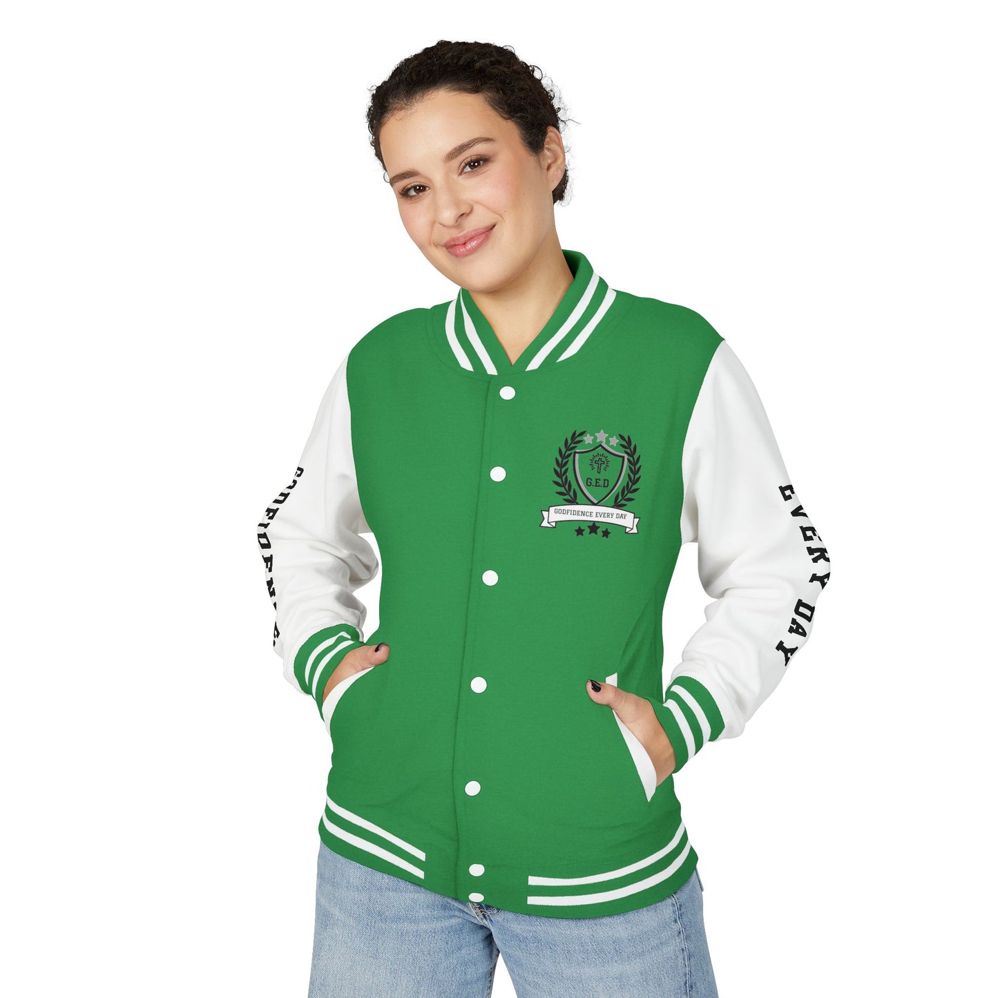 White Letter Locked In & Loaded Godfidence Every Day Letterman Jacket - Godfidence Every Day G.E.D. Brand