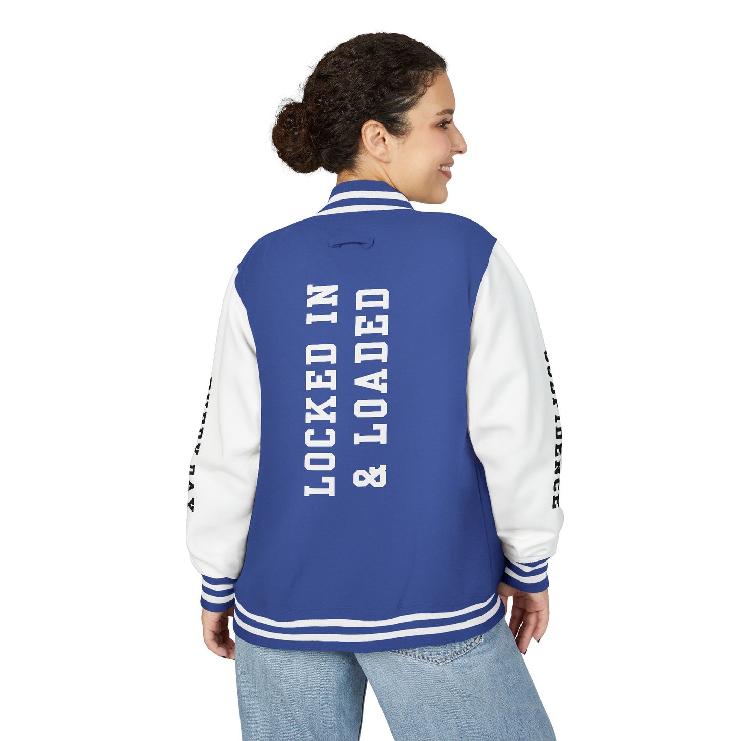 White Letter Locked In & Loaded Godfidence Every Day Letterman Jacket - Godfidence Every Day G.E.D. Brand