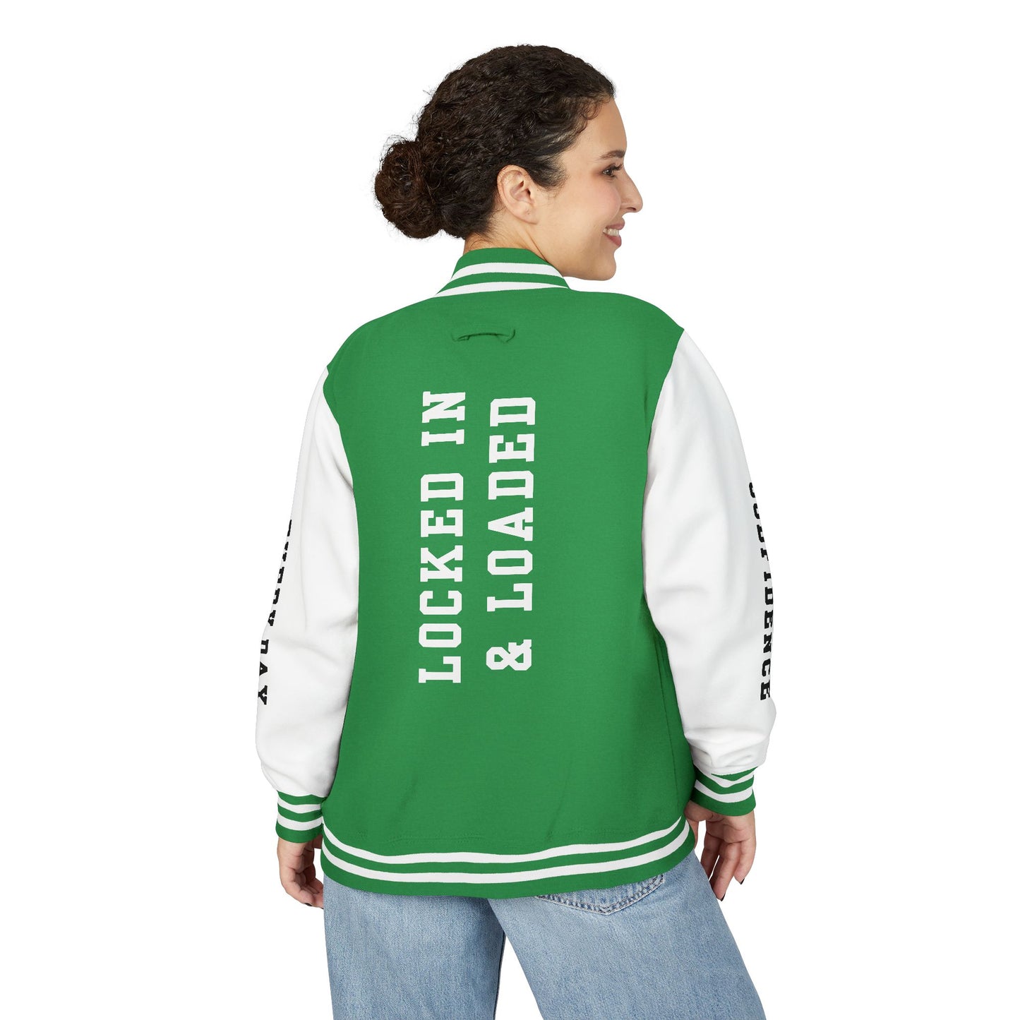 White Letter Locked In & Loaded Godfidence Every Day Letterman Jacket - Godfidence Every Day G.E.D. Brand