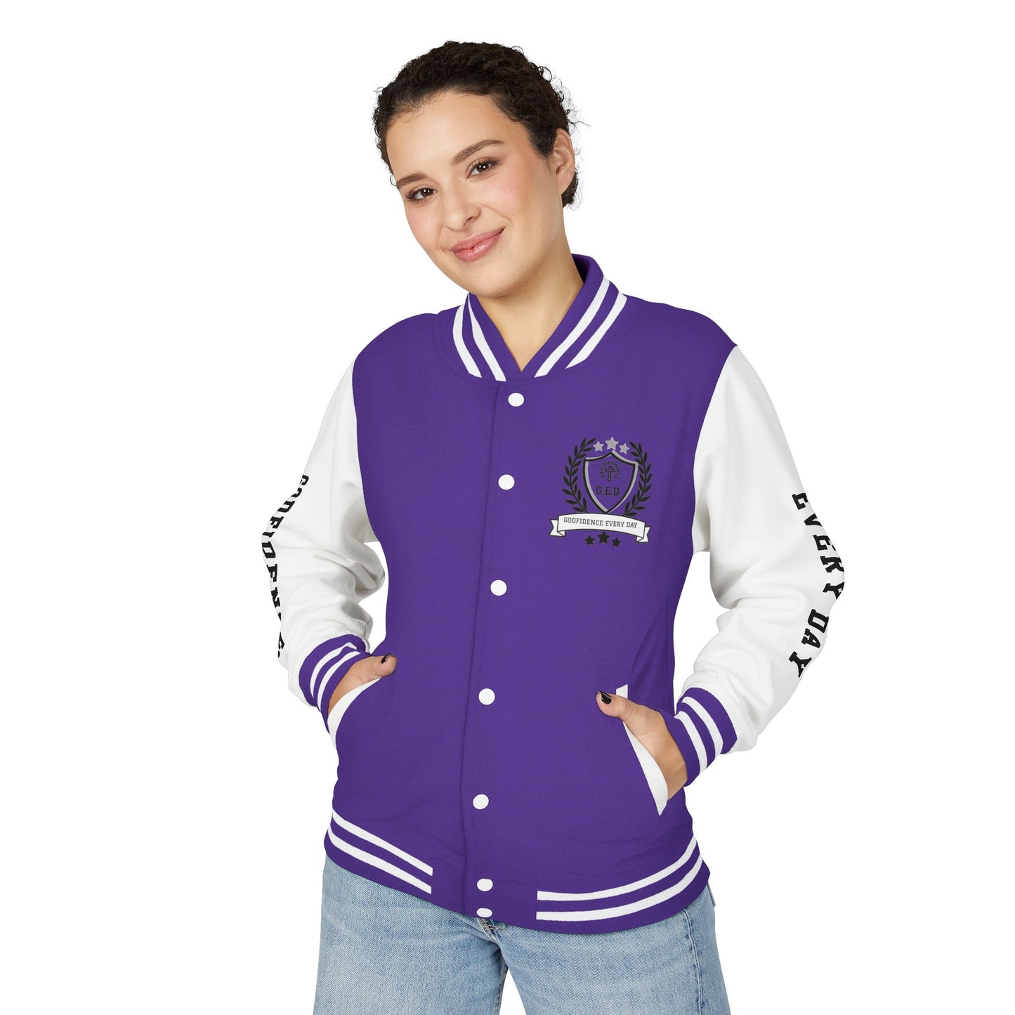 White Letter Locked In & Loaded Godfidence Every Day Letterman Jacket - Godfidence Every Day G.E.D. Brand