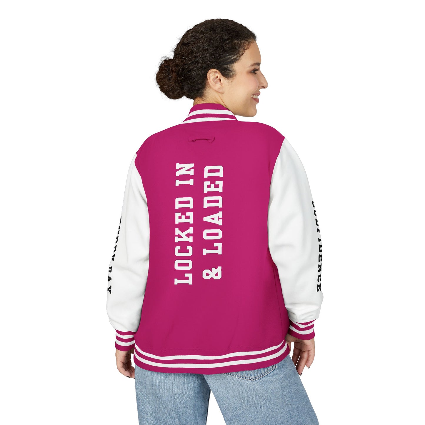 White Letter Locked In & Loaded Godfidence Every Day Letterman Jacket - Godfidence Every Day G.E.D. Brand