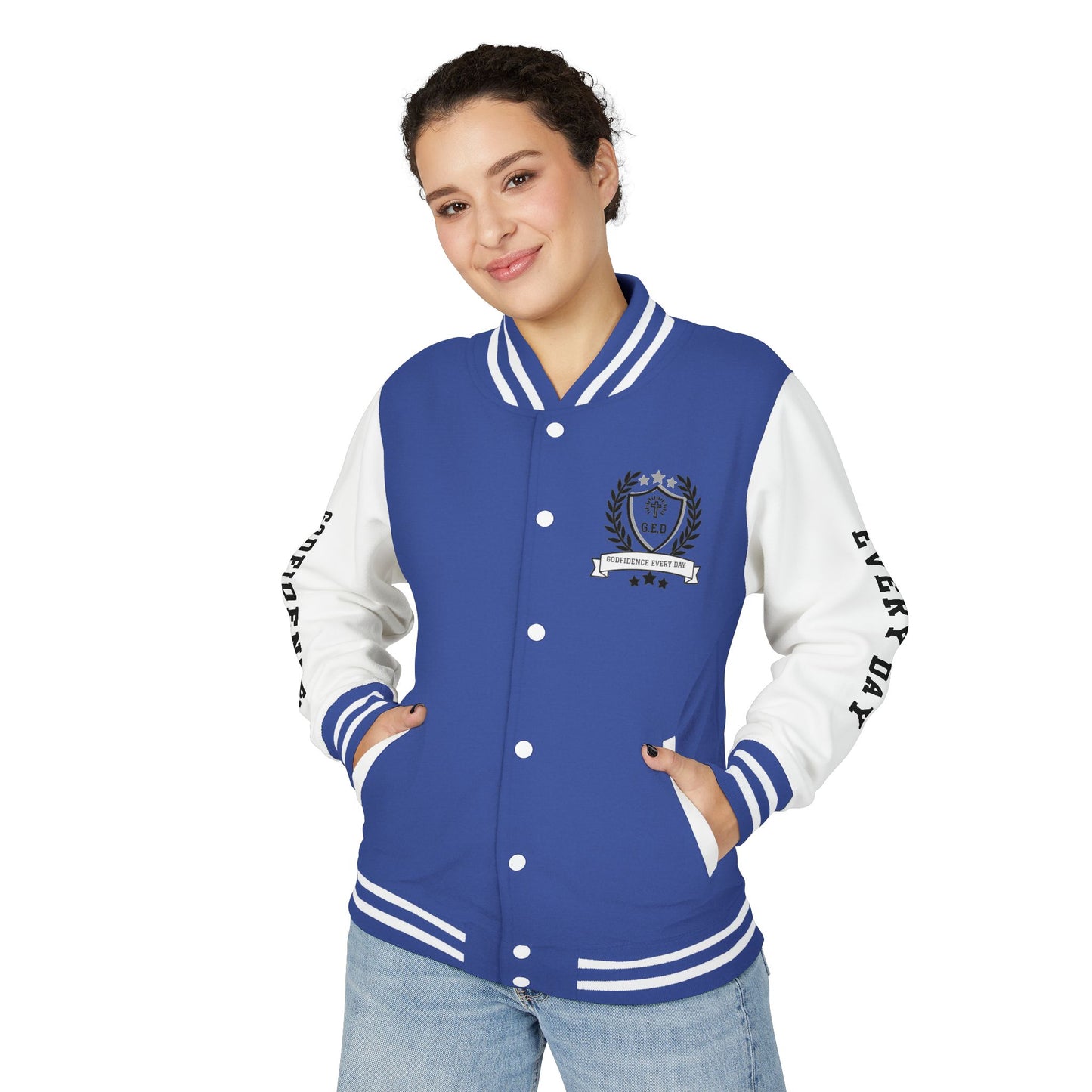 White Letter Locked In & Loaded Godfidence Every Day Letterman Jacket - Godfidence Every Day G.E.D. Brand