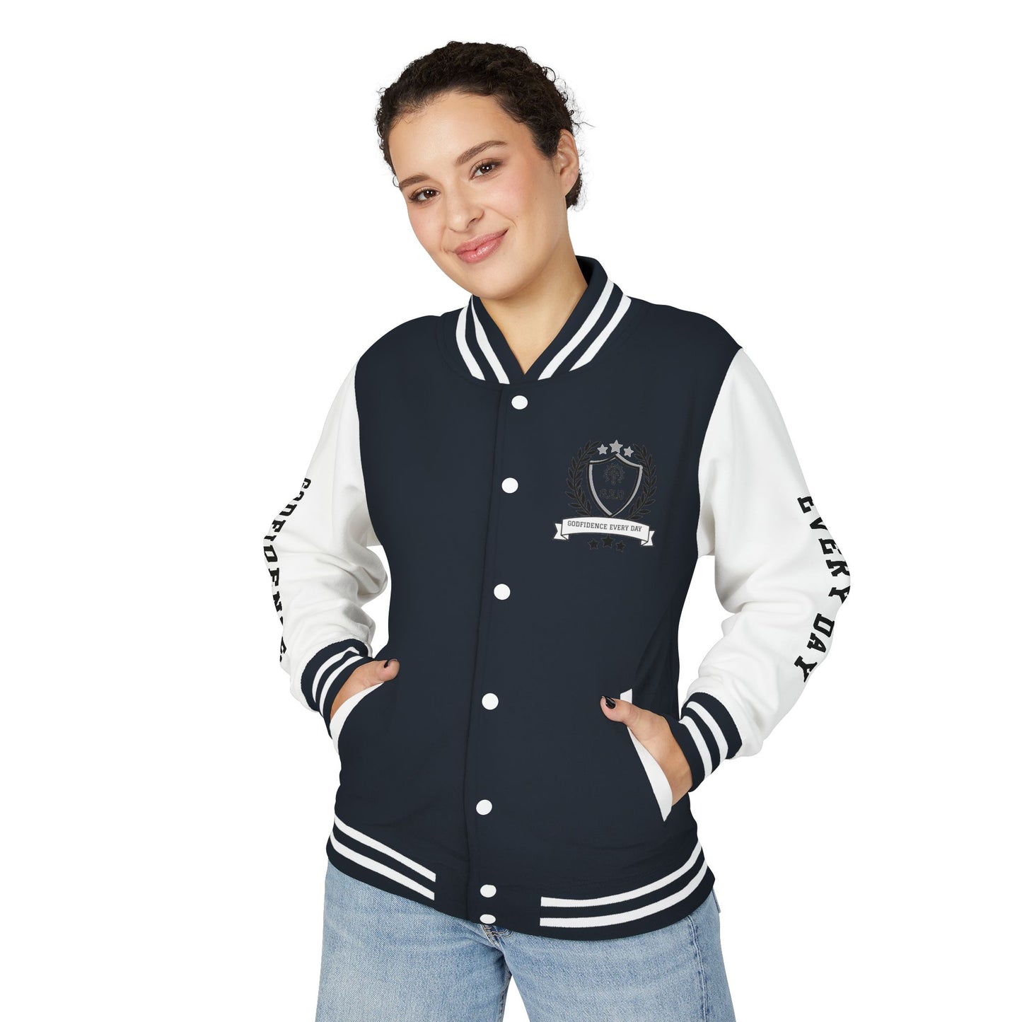 White Letter Locked In & Loaded Godfidence Every Day Letterman Jacket - Godfidence Every Day G.E.D. Brand
