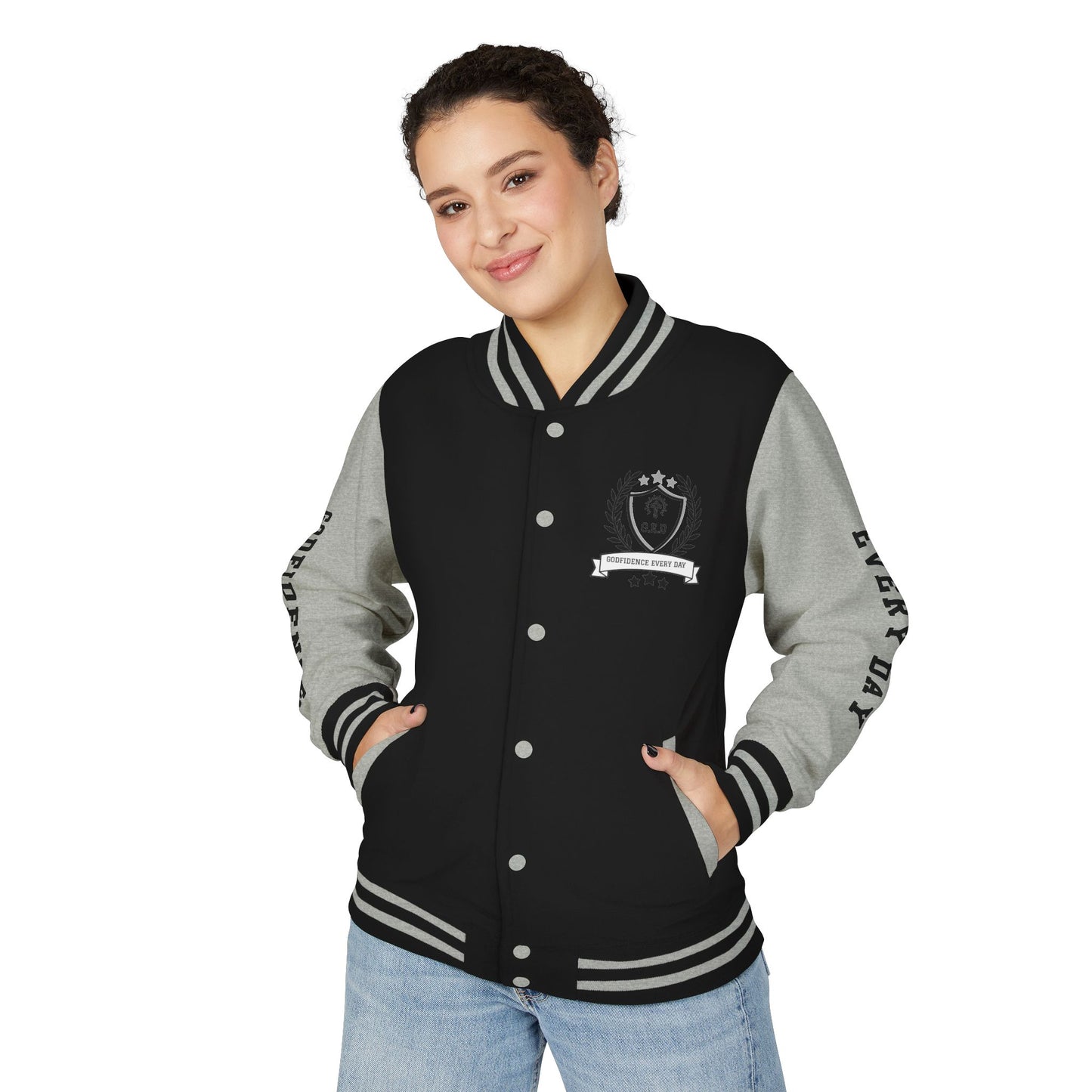 White Letter Locked In & Loaded Godfidence Every Day Letterman Jacket - Godfidence Every Day G.E.D. Brand