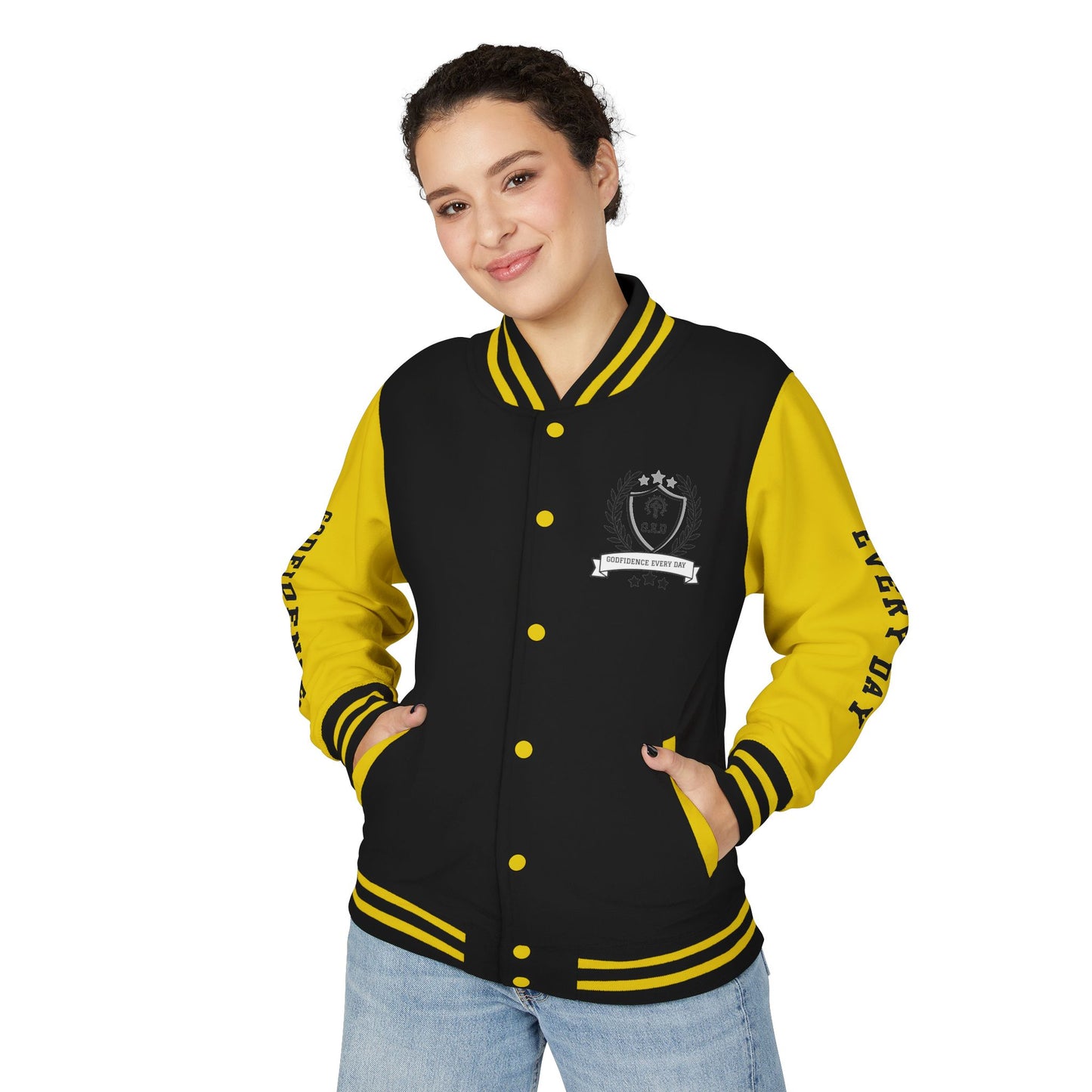 White Letter Locked In & Loaded Godfidence Every Day Letterman Jacket - Godfidence Every Day G.E.D. Brand