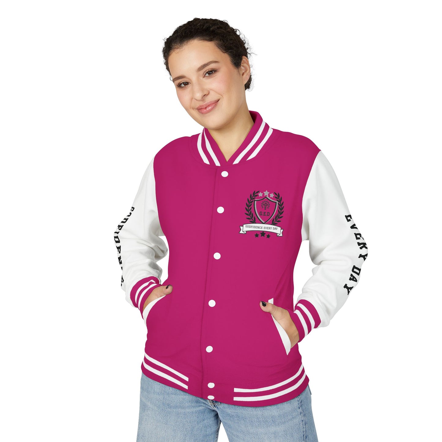 White Letter Locked In & Loaded Godfidence Every Day Letterman Jacket - Godfidence Every Day G.E.D. Brand