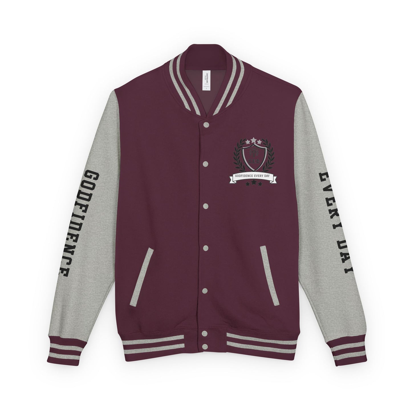 White Letter Locked In & Loaded Godfidence Every Day Letterman Jacket - Godfidence Every Day G.E.D. Brand
