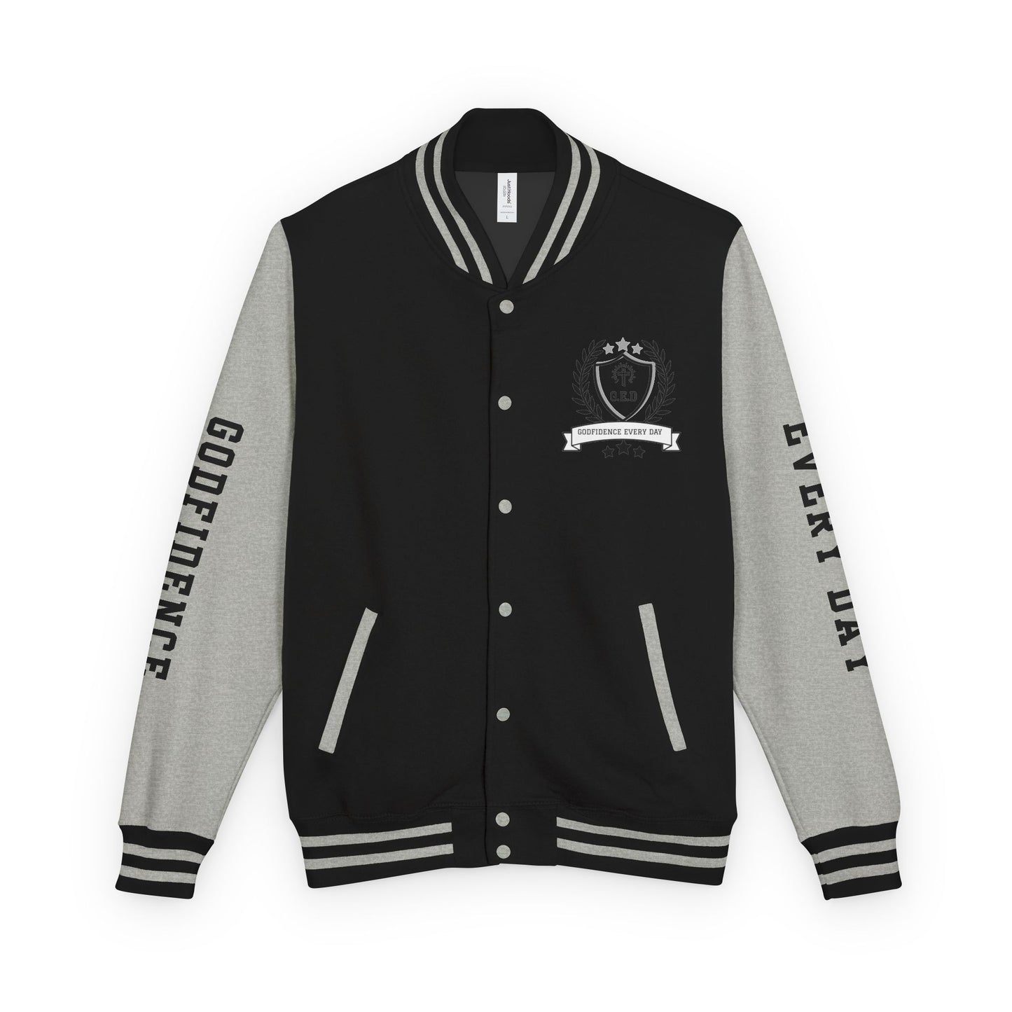 White Letter Locked In & Loaded Godfidence Every Day Letterman Jacket - Godfidence Every Day G.E.D. Brand