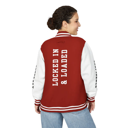 White Letter Locked In & Loaded Godfidence Every Day Letterman Jacket - Godfidence Every Day G.E.D. Brand