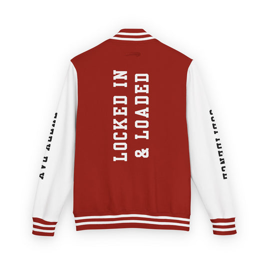 White Letter Locked In & Loaded Godfidence Every Day Letterman Jacket - Godfidence Every Day G.E.D. Brand