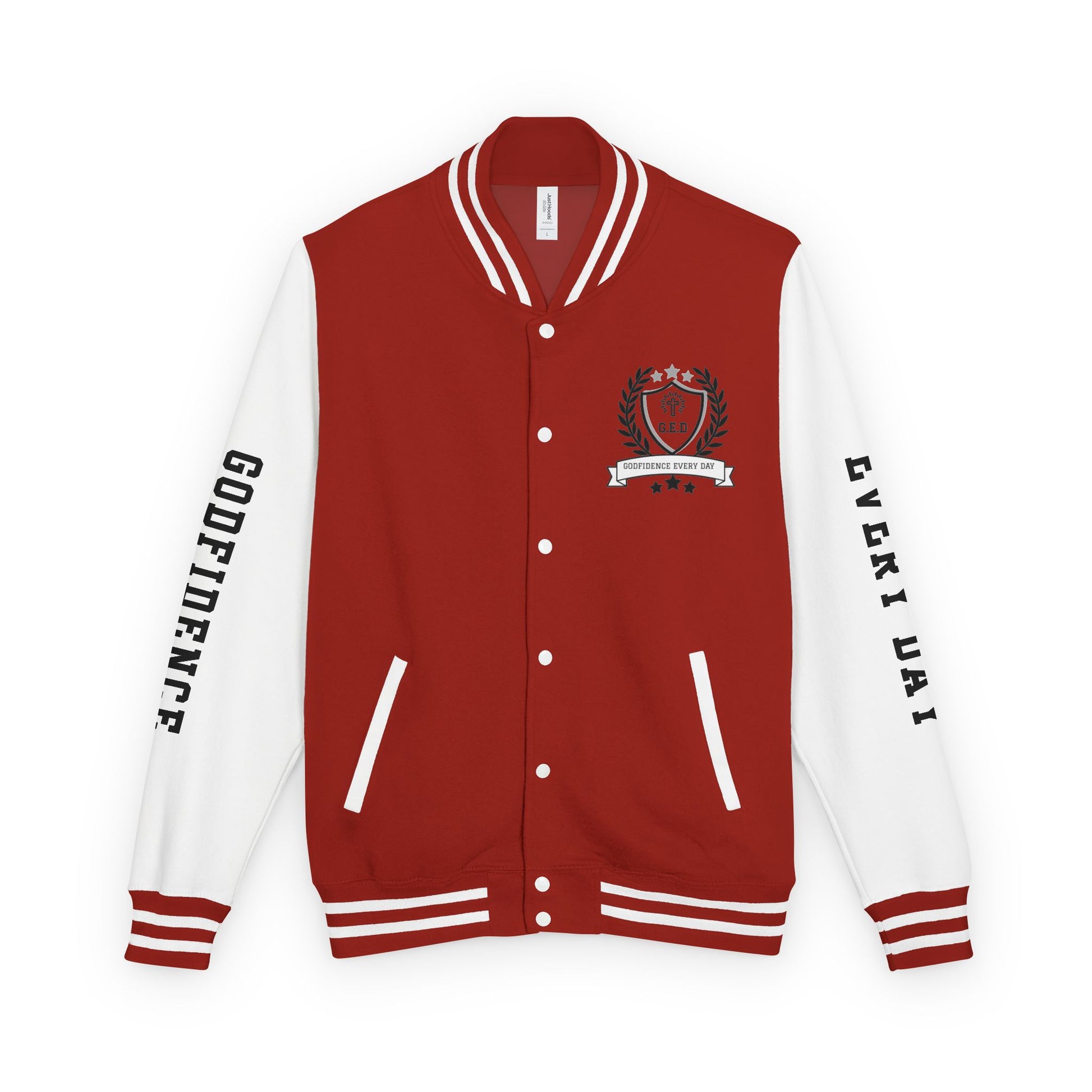 White Letter Locked In & Loaded Godfidence Every Day Letterman Jacket - Godfidence Every Day G.E.D. Brand