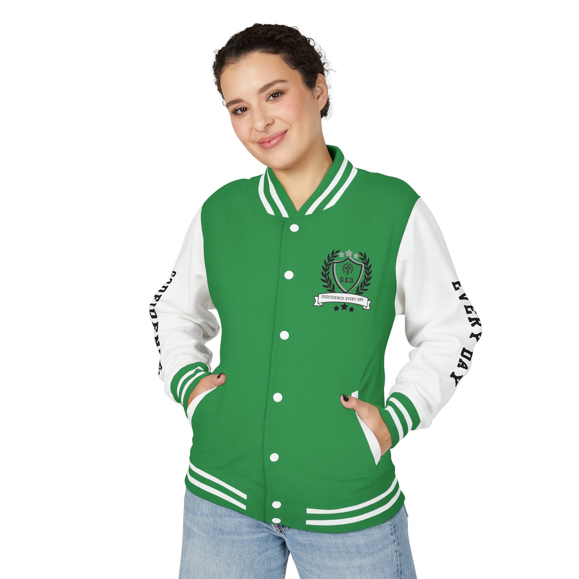White Letter Locked In & Loaded Godfidence Every Day Letterman Jacket - Godfidence Every Day G.E.D. Brand