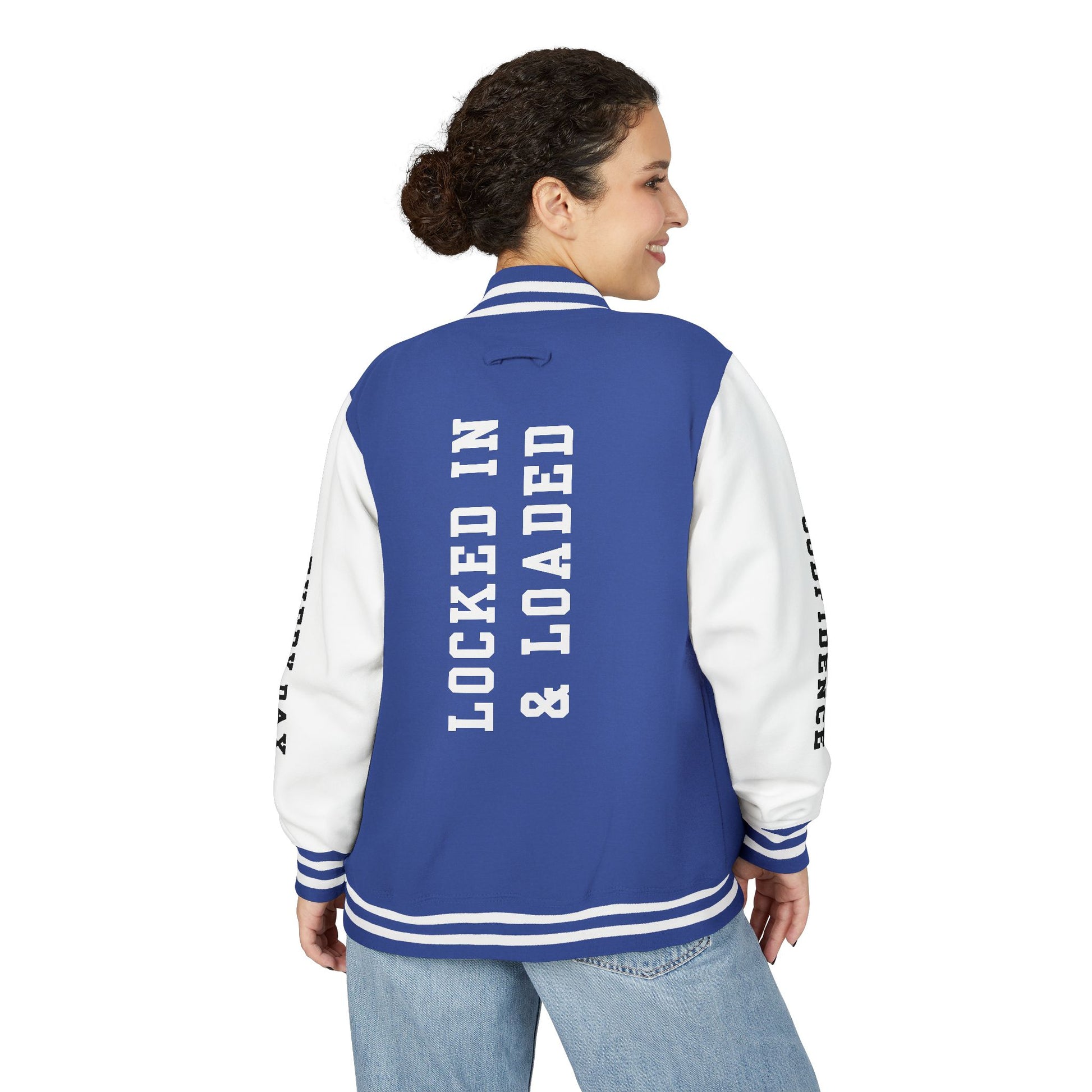 White Letter Locked In & Loaded Godfidence Every Day Letterman Jacket - Godfidence Every Day G.E.D. Brand