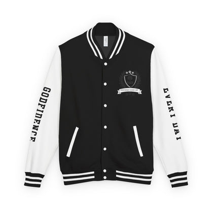 White Letter Locked In & Loaded Godfidence Every Day Letterman Jacket - Godfidence Every Day G.E.D. Brand
