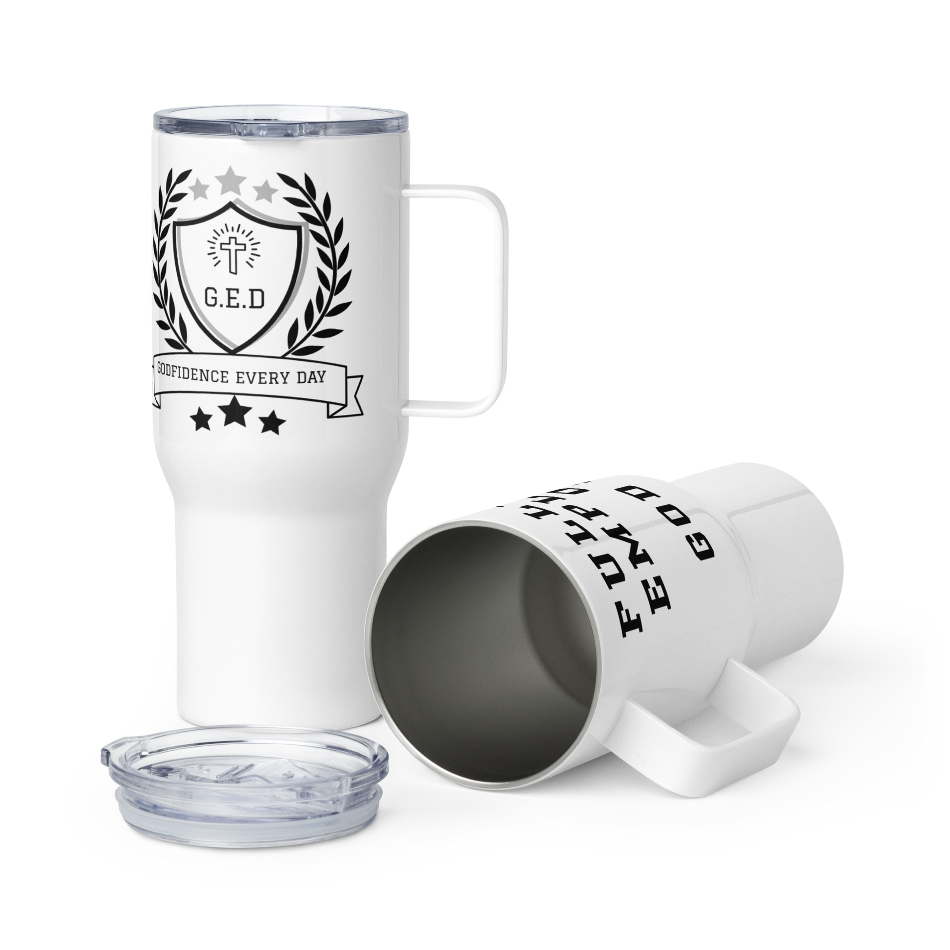 NEW!!! Full Time G.E.D Travel mug with a handle - Godfidence Every Day G.E.D. Brand